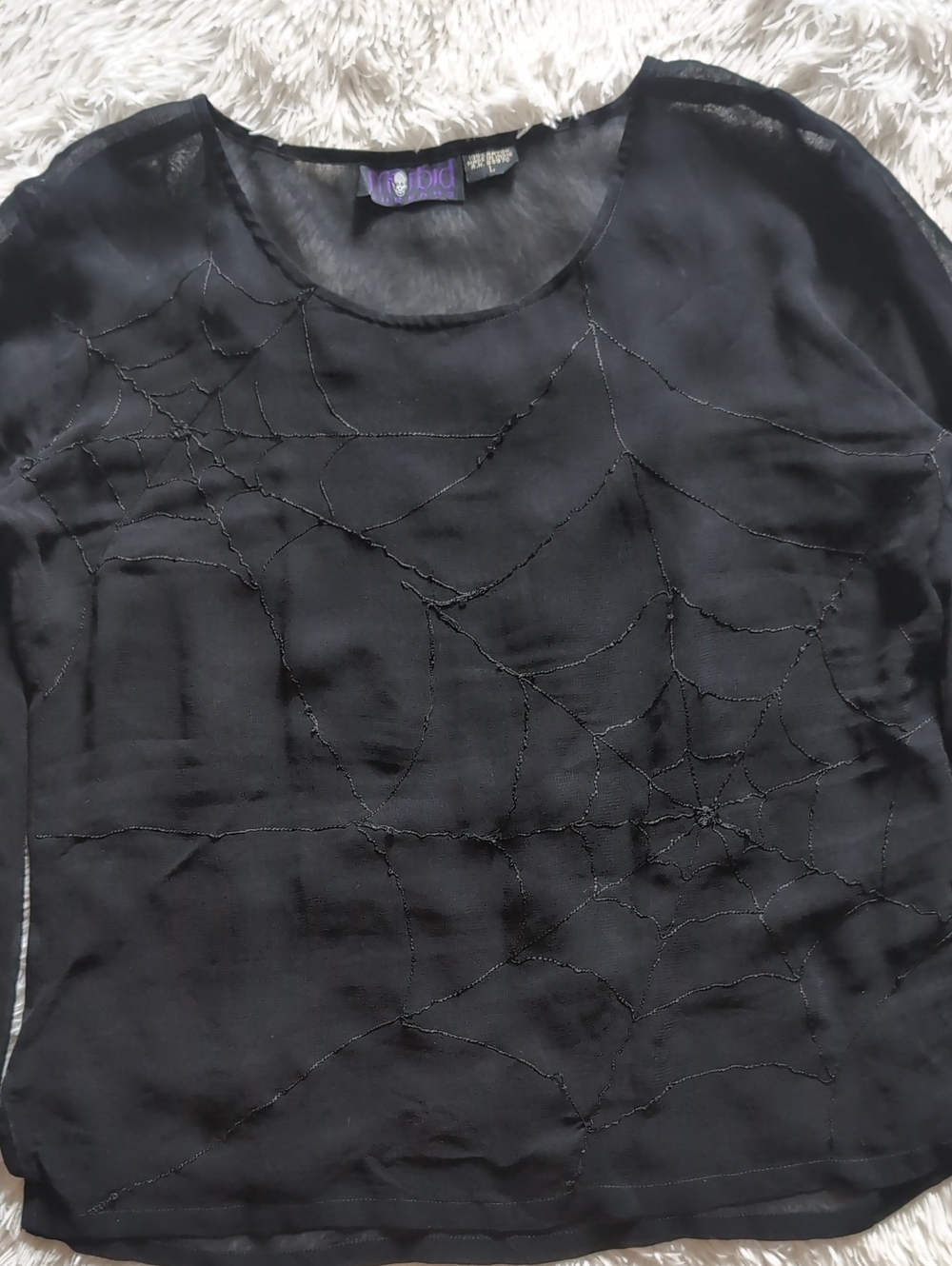 90s Morbid Threads Spiderweb Embroidery Sheer Vintage Hot Topic Black Top Large - Picture 2 of 12